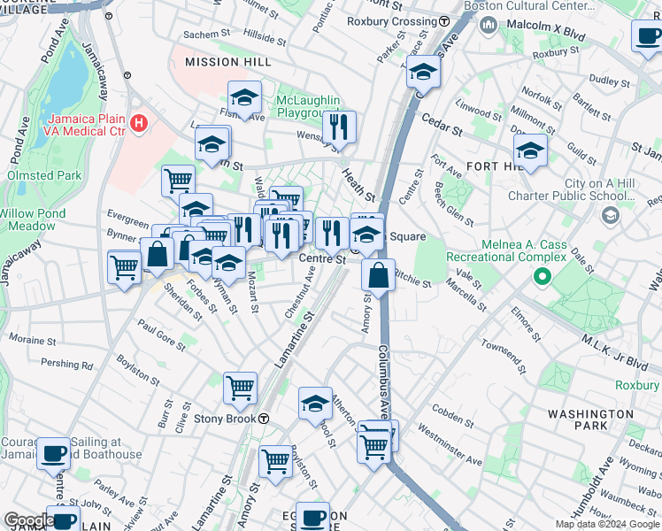 map of restaurants, bars, coffee shops, grocery stores, and more near in Boston