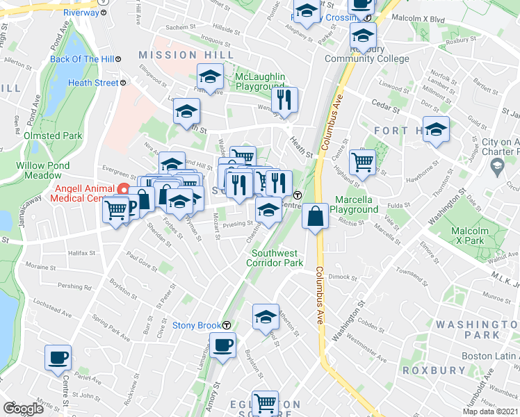 map of restaurants, bars, coffee shops, grocery stores, and more near in Boston