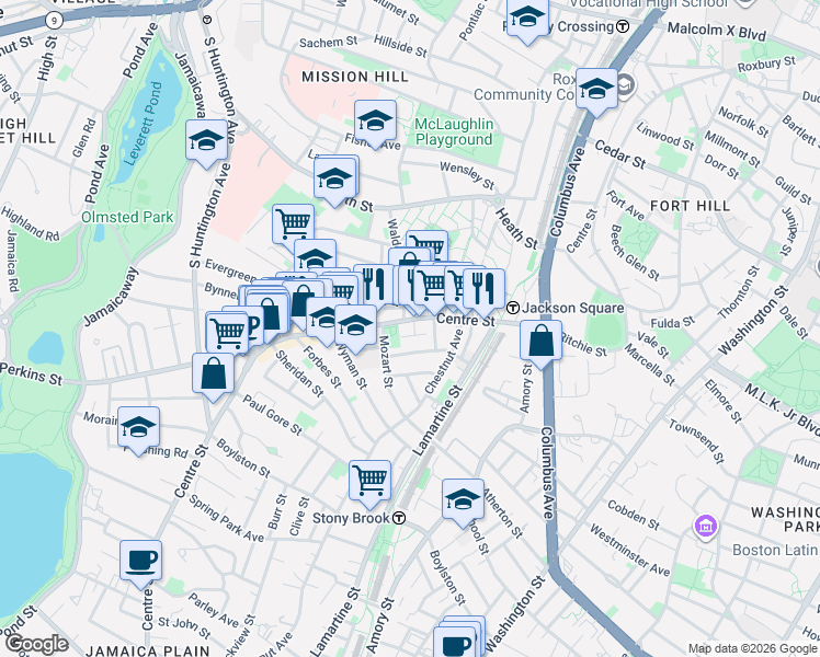 map of restaurants, bars, coffee shops, grocery stores, and more near 10 Mozart Street in Boston