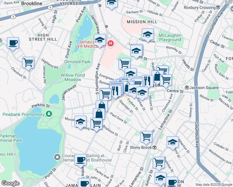 map of restaurants, bars, coffee shops, grocery stores, and more near 386-386A Centre Street in Boston
