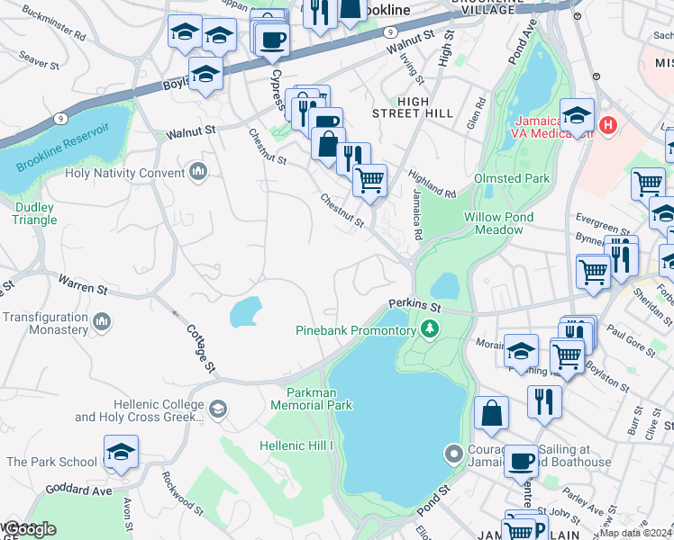 map of restaurants, bars, coffee shops, grocery stores, and more near 233 Perkins Street in Boston
