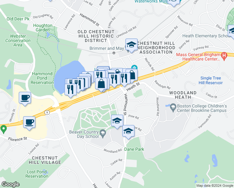 map of restaurants, bars, coffee shops, grocery stores, and more near 22 Sheafe Street in Brookline