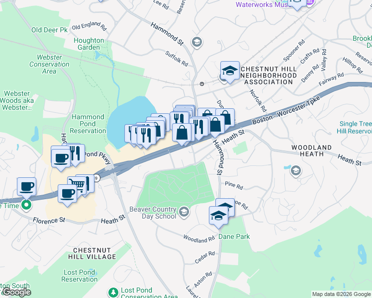 map of restaurants, bars, coffee shops, grocery stores, and more near 1234 Boylston Street in Brookline