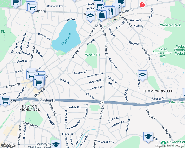 map of restaurants, bars, coffee shops, grocery stores, and more near 40 Athelstane Road in Newton