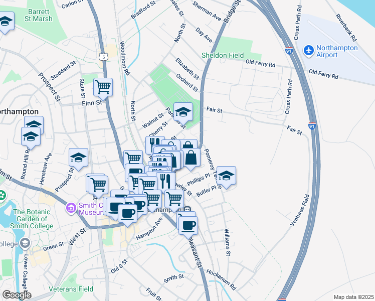map of restaurants, bars, coffee shops, grocery stores, and more near 39 Graves Avenue in Northampton