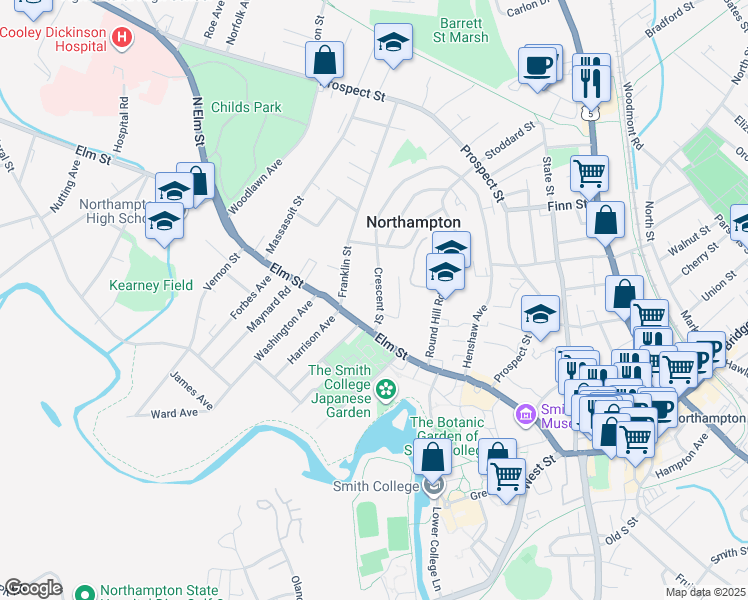 map of restaurants, bars, coffee shops, grocery stores, and more near 211 Elm Street in Northampton