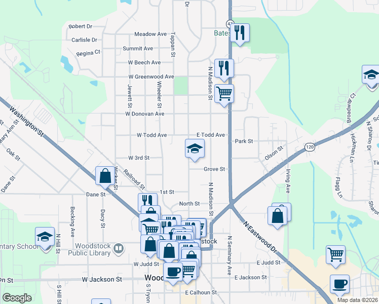 map of restaurants, bars, coffee shops, grocery stores, and more near 824 Clay Street in Woodstock