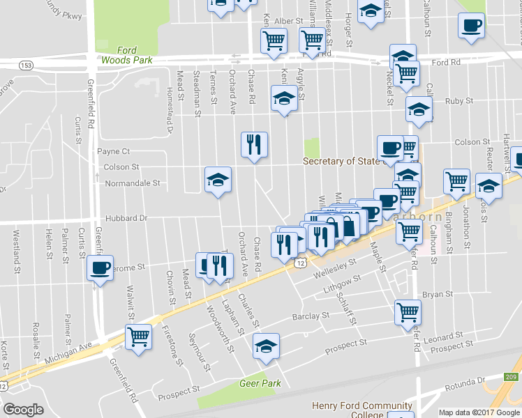map of restaurants, bars, coffee shops, grocery stores, and more near 4852 Chase Road in Dearborn