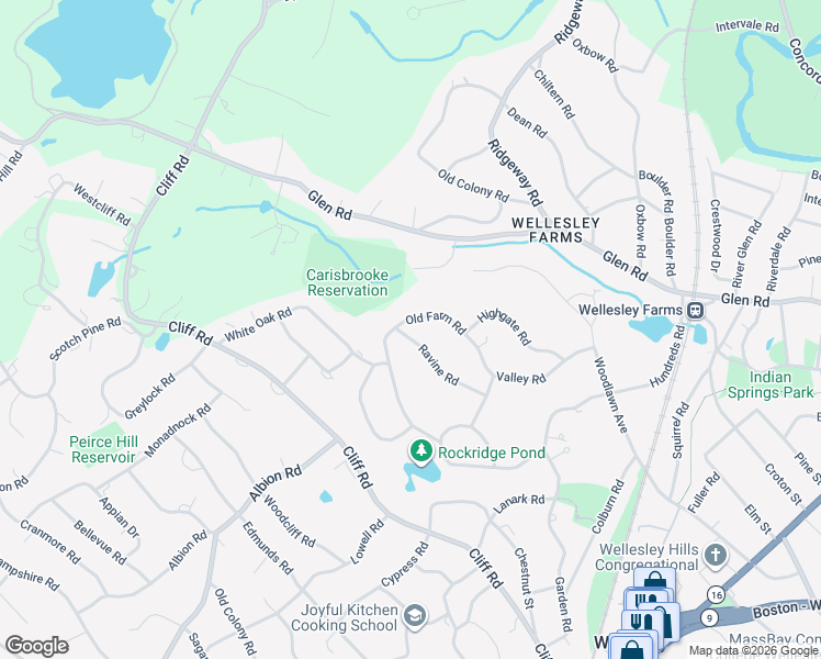 map of restaurants, bars, coffee shops, grocery stores, and more near 6 Ravine Road in Wellesley
