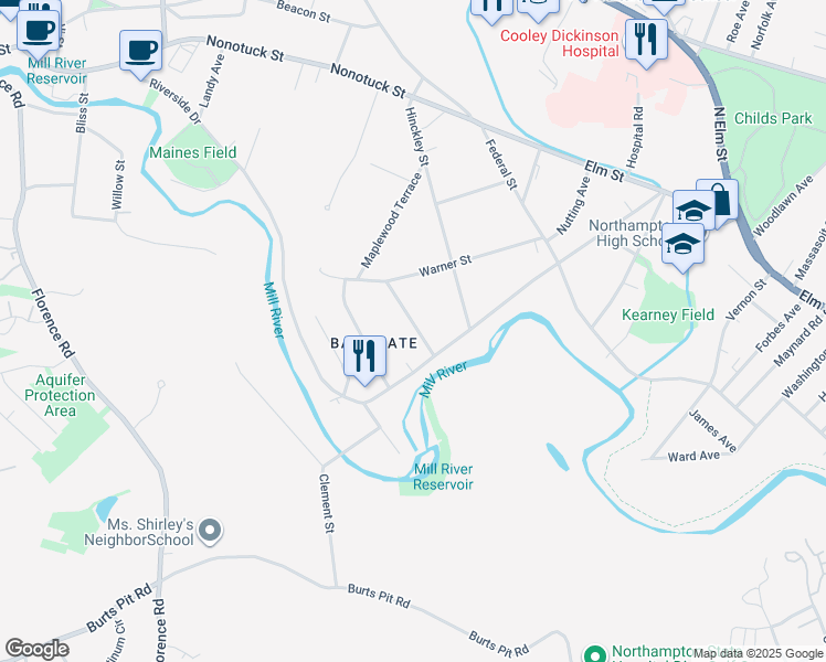 map of restaurants, bars, coffee shops, grocery stores, and more near 20 Norwood Avenue in Northampton