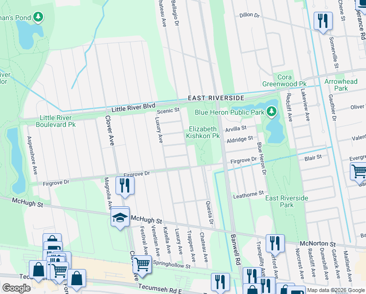 map of restaurants, bars, coffee shops, grocery stores, and more near 1535 Chateau Avenue in Tecumseh
