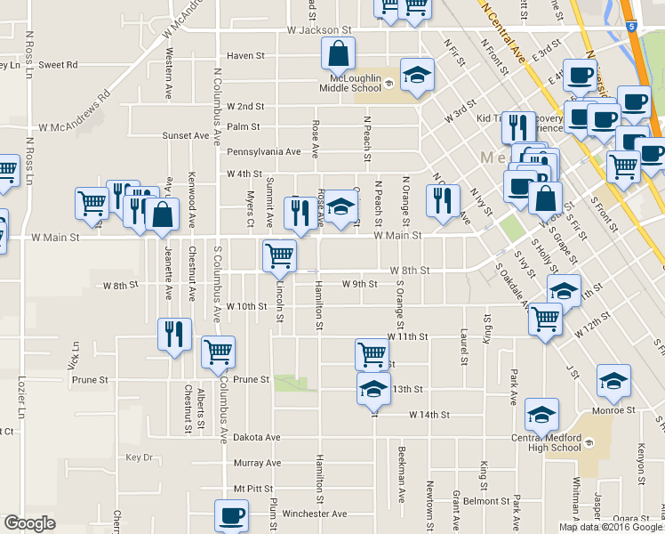 map of restaurants, bars, coffee shops, grocery stores, and more near 1148 West 8th Street in Medford