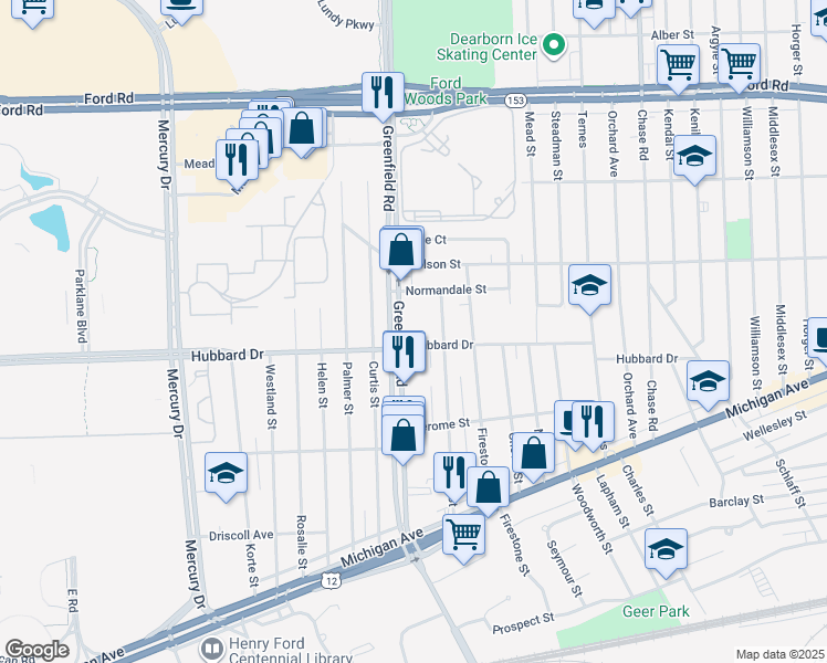 map of restaurants, bars, coffee shops, grocery stores, and more near 4920 Greenfield Road in Dearborn