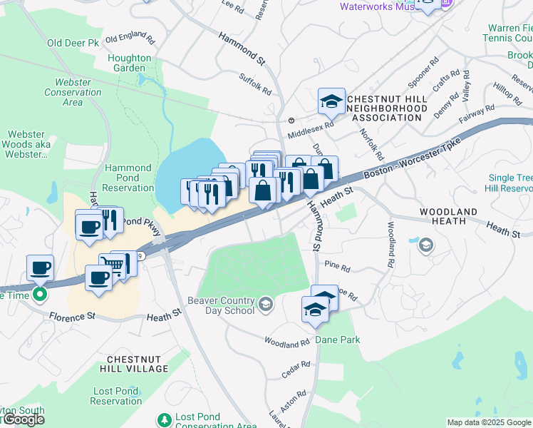 map of restaurants, bars, coffee shops, grocery stores, and more near 1234 Boylston Street in Brookline