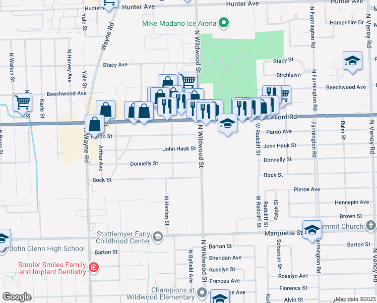 map of restaurants, bars, coffee shops, grocery stores, and more near 34521 John Hauk Street in Westland