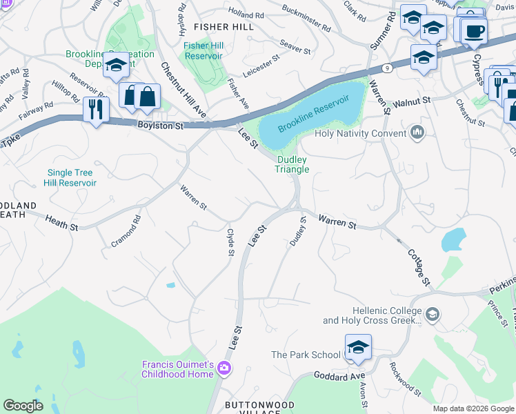 map of restaurants, bars, coffee shops, grocery stores, and more near 372 Warren Street in Brookline
