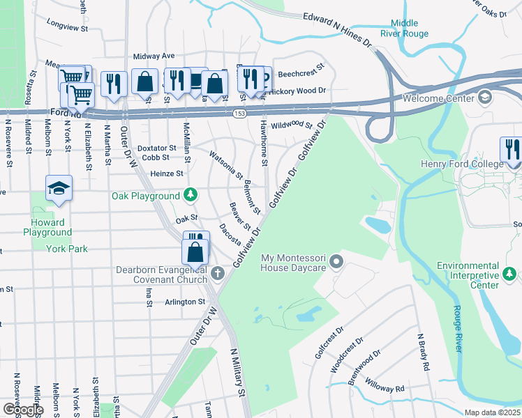 map of restaurants, bars, coffee shops, grocery stores, and more near 1414 Belmont Street in Dearborn