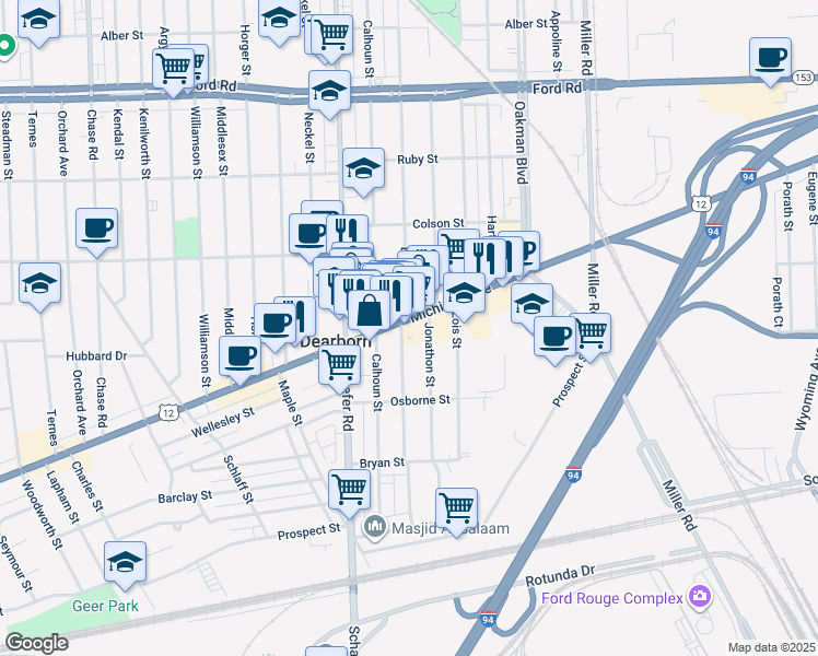 map of restaurants, bars, coffee shops, grocery stores, and more near 13269 Michigan Avenue in Dearborn