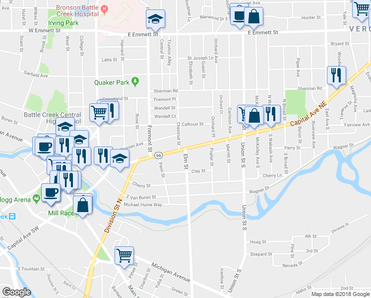 map of restaurants, bars, coffee shops, grocery stores, and more near 258 Capital Avenue Northeast in Battle Creek