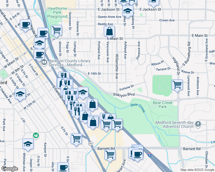 map of restaurants, bars, coffee shops, grocery stores, and more near 1028 East 11th Street in Medford