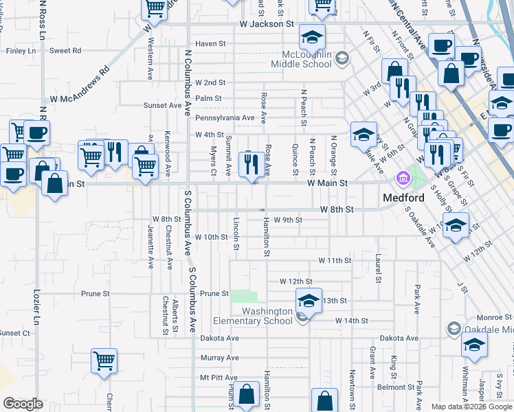 map of restaurants, bars, coffee shops, grocery stores, and more near 1206 West 8th Street in Medford