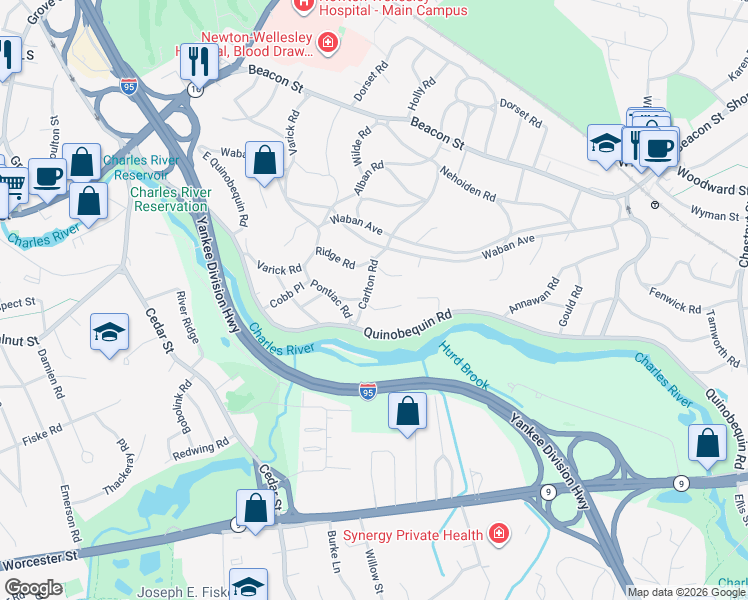 map of restaurants, bars, coffee shops, grocery stores, and more near 180 Carlton Road in Newton