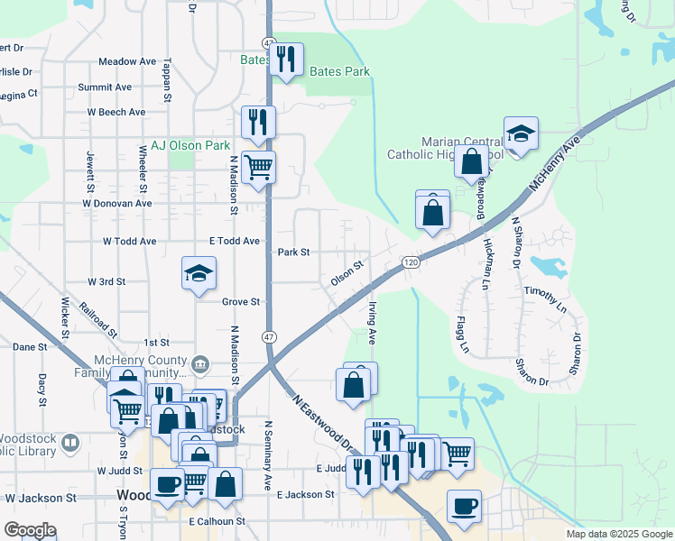 map of restaurants, bars, coffee shops, grocery stores, and more near 803 Marvel Avenue in Woodstock