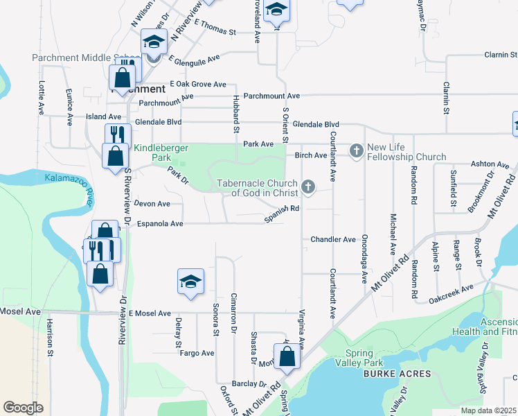 map of restaurants, bars, coffee shops, grocery stores, and more near 430 Parkdale Boulevard in Parchment