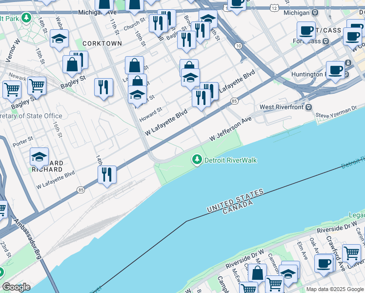 map of restaurants, bars, coffee shops, grocery stores, and more near 1712 West Jefferson Avenue in Detroit