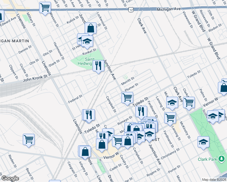 map of restaurants, bars, coffee shops, grocery stores, and more near 5640 Plumer Street in Detroit