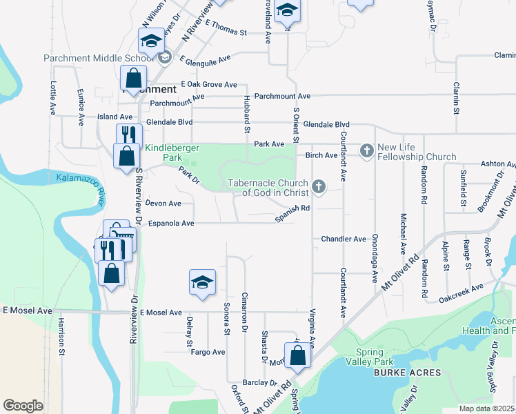 map of restaurants, bars, coffee shops, grocery stores, and more near 430 Parkdale Boulevard in Parchment