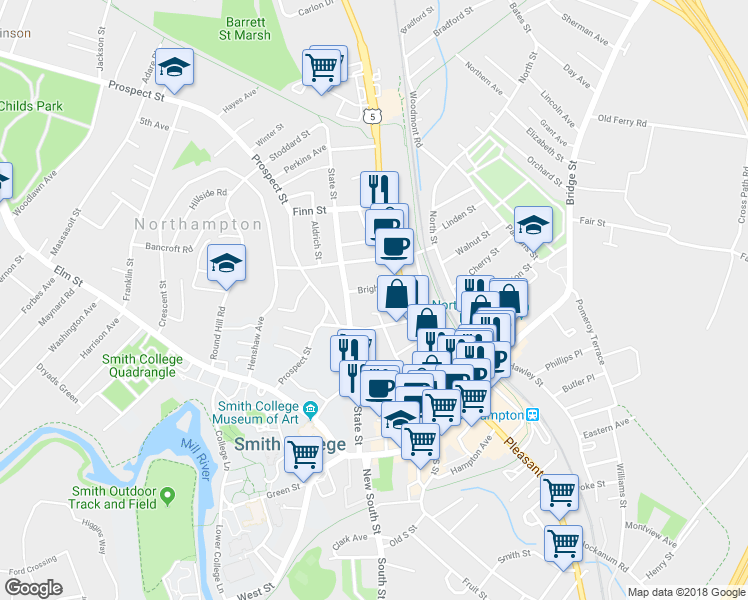 map of restaurants, bars, coffee shops, grocery stores, and more near 24 Bright Street in Northampton