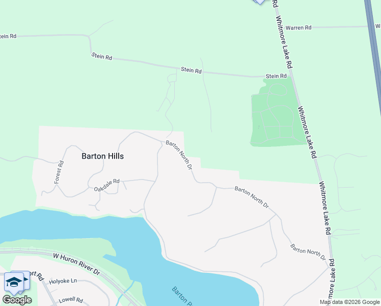 map of restaurants, bars, coffee shops, grocery stores, and more near 490 Barton North Drive in Ann Arbor