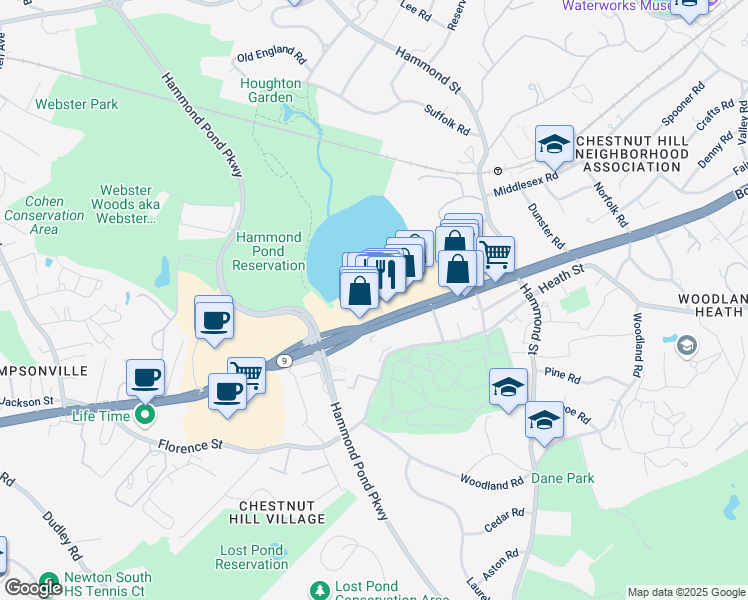 map of restaurants, bars, coffee shops, grocery stores, and more near 55 Boylston Street in Newton