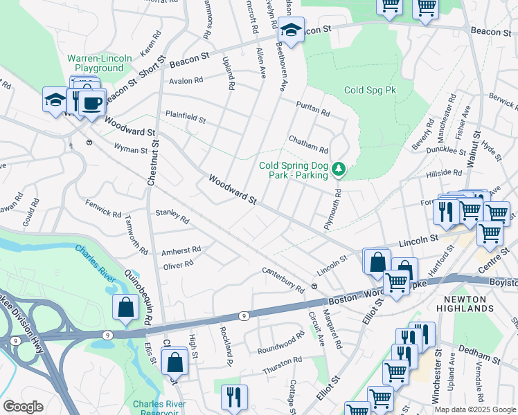 map of restaurants, bars, coffee shops, grocery stores, and more near 208 Woodward Street in Newton