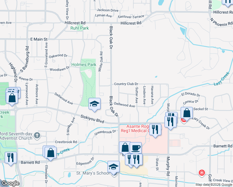 map of restaurants, bars, coffee shops, grocery stores, and more near 326 Tan Oak Drive in Medford