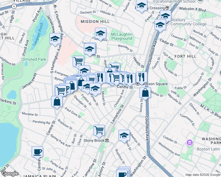 map of restaurants, bars, coffee shops, grocery stores, and more near 308 Centre Street in Boston