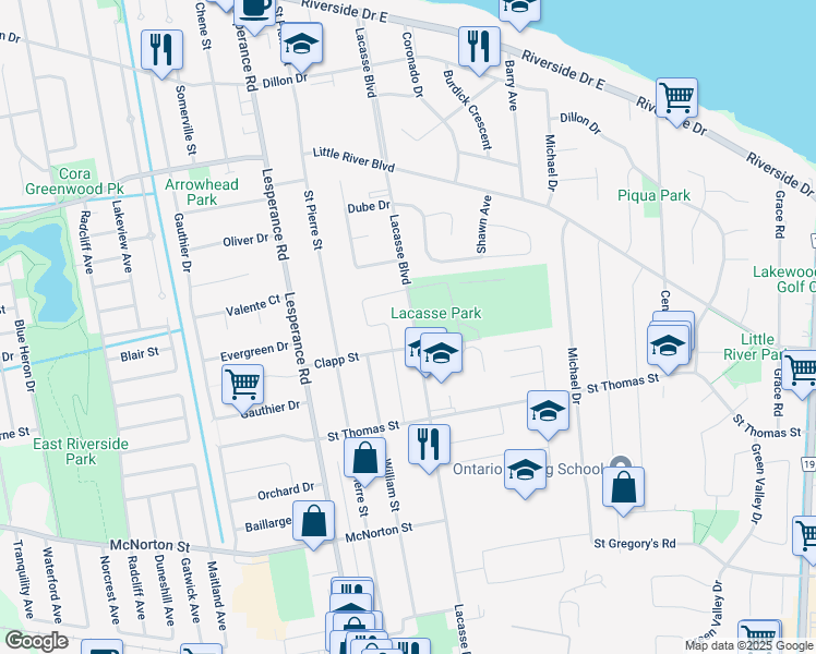 map of restaurants, bars, coffee shops, grocery stores, and more near 595 Lacasse Boulevard in Windsor
