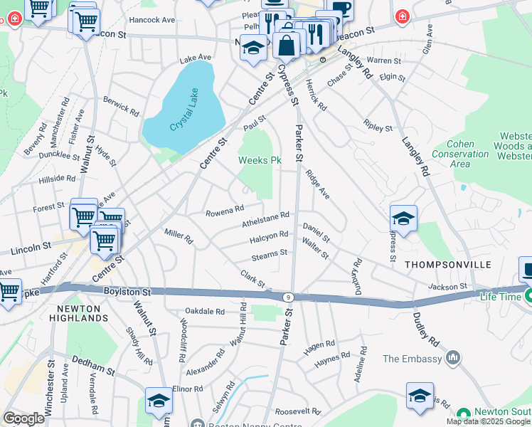 map of restaurants, bars, coffee shops, grocery stores, and more near 37 Athelstane Road in Newton