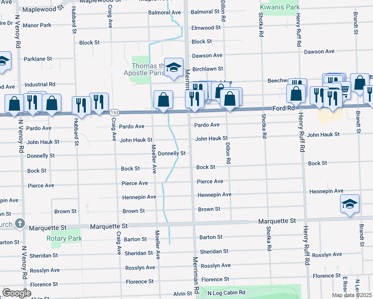 map of restaurants, bars, coffee shops, grocery stores, and more near 31412 Donnelly Street in Garden City