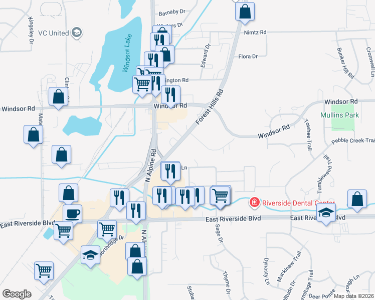 map of restaurants, bars, coffee shops, grocery stores, and more near 7109 Forest Hills Road in Loves Park