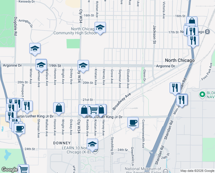 map of restaurants, bars, coffee shops, grocery stores, and more near 1611 20th Street in North Chicago