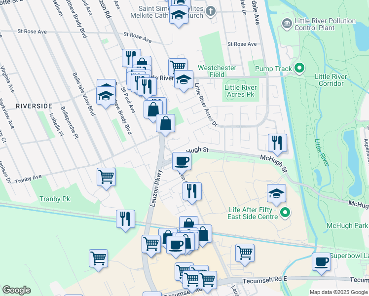 map of restaurants, bars, coffee shops, grocery stores, and more near 1390 Lauzon Road in Windsor