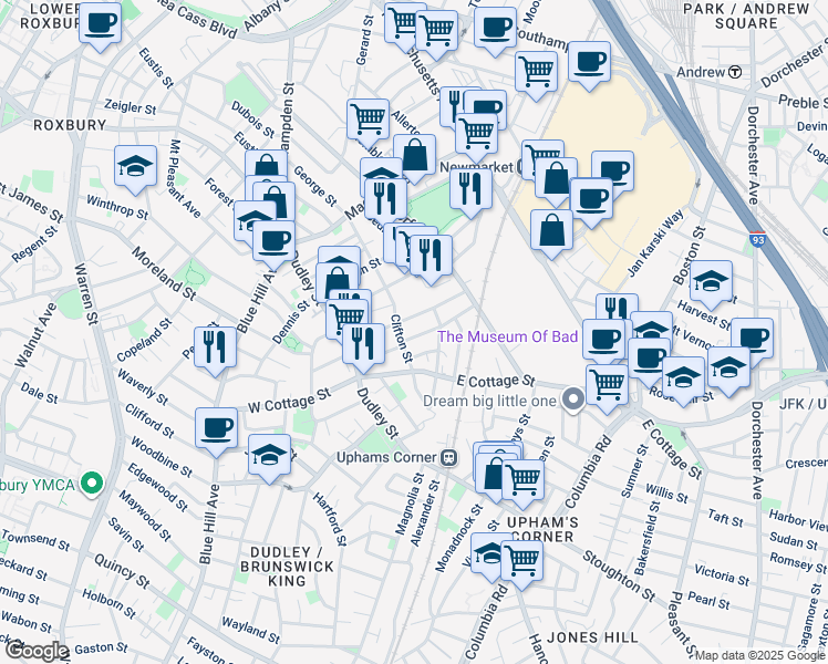 map of restaurants, bars, coffee shops, grocery stores, and more near 11 Marshfield Street in Boston