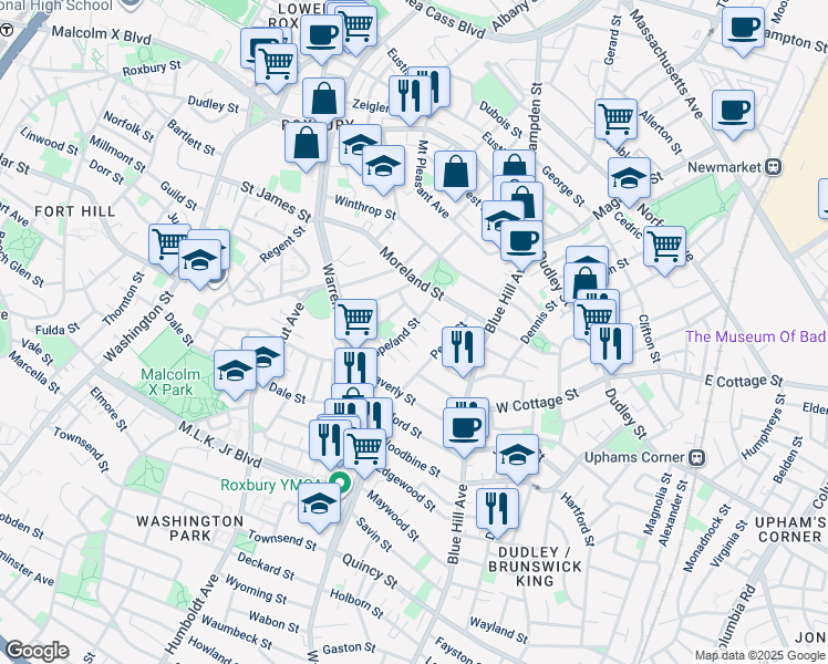 map of restaurants, bars, coffee shops, grocery stores, and more near 5 Copeland Park in Boston