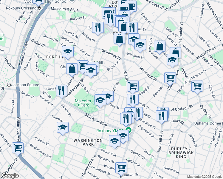 map of restaurants, bars, coffee shops, grocery stores, and more near 44 Rockland Street in Boston