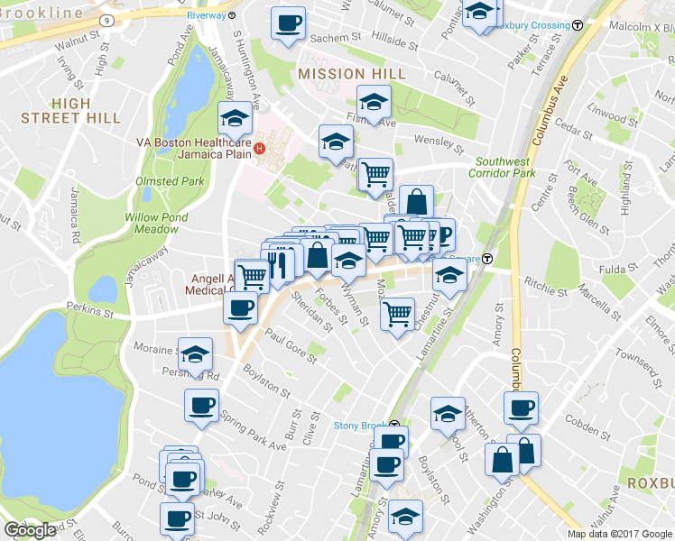 map of restaurants, bars, coffee shops, grocery stores, and more near 358a Centre Street in Boston