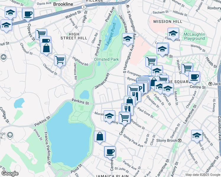 map of restaurants, bars, coffee shops, grocery stores, and more near 69 Parkton Road in Boston