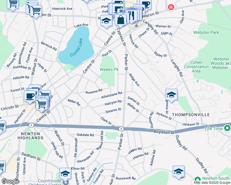 map of restaurants, bars, coffee shops, grocery stores, and more near 40 Athelstane Road in Newton