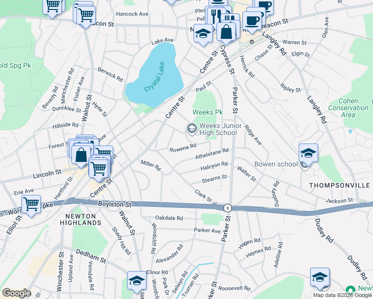 map of restaurants, bars, coffee shops, grocery stores, and more near 71 Athelstane Road in Newton